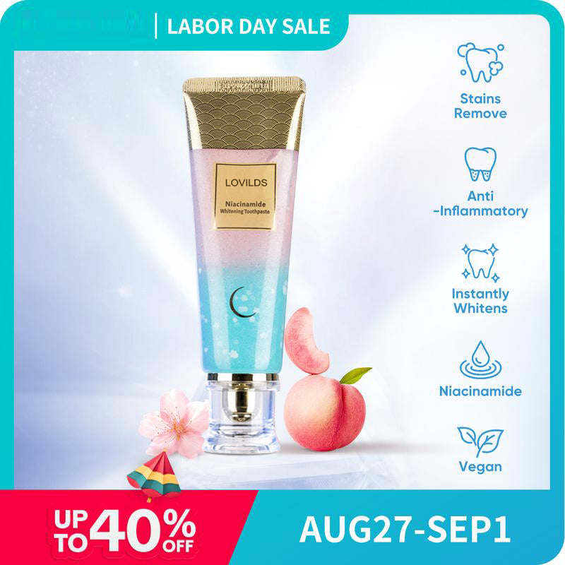 LOVILDS Niacinamide Whitening Toothpaste-Fast Acting Formula with Peach Extract & Mint foSensitive Teeth-Eco Friendly & Fluoride Free -100g