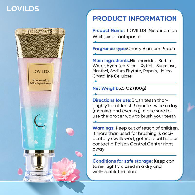 LOVILDS Niacinamide Whitening Toothpaste-Fast Acting Formula with Peach Extract & Mint foSensitive Teeth-Eco Friendly & Fluoride Free -100g