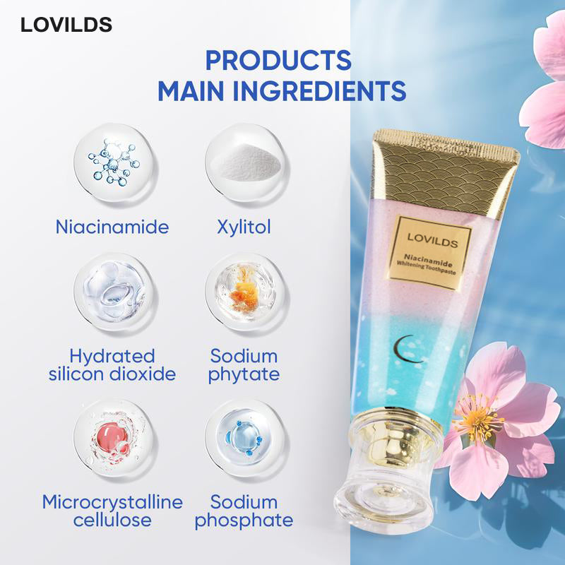 LOVILDS Niacinamide Whitening Toothpaste-Fast Acting Formula with Peach Extract & Mint foSensitive Teeth-Eco Friendly & Fluoride Free -100g